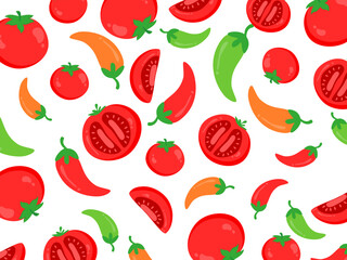 seamless background with vegetables. Chilli and tomato seamless pattern. Cute colorful vegetable. Food ingredient cartoon