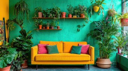A vibrant living room with a yellow couch and potted plants