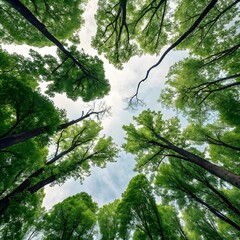Naklejka premium Looking Up at Tall Green Trees in a Peaceful Forest 