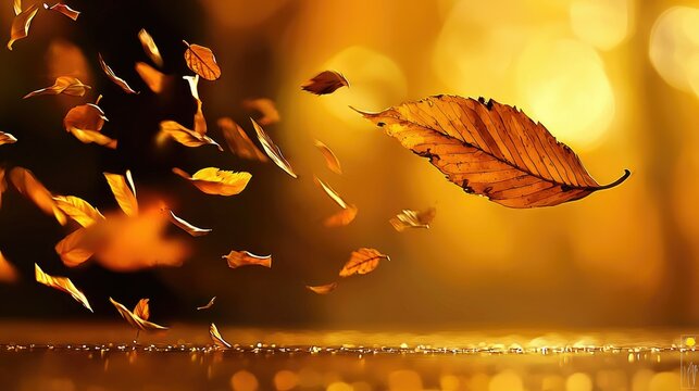 Scattered autumn leaves are fluttering in a warm and beautiful setting