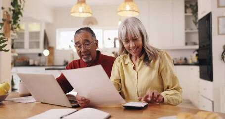 Old couple, laptop and finance paperwork with calculator in home for asset management, financial planning and budget. Interracial people, documents and happy with account review for retirement fund