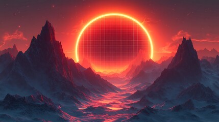 Futuristic grid sun over alien landscape