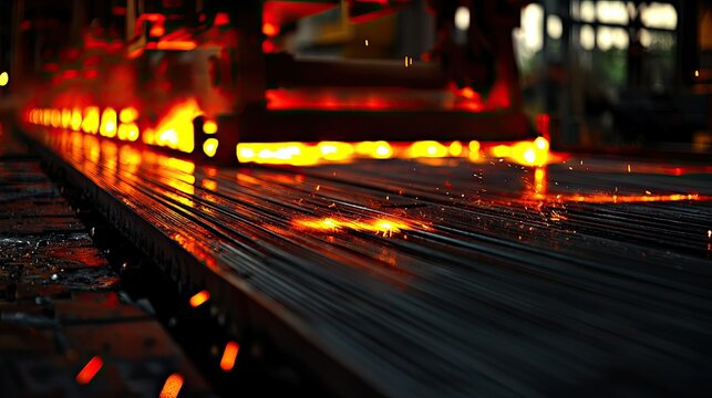 Red hot metal being shaped in a factory setting