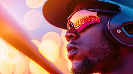 A focused baseball player wearing a helmet and reflective eyewear