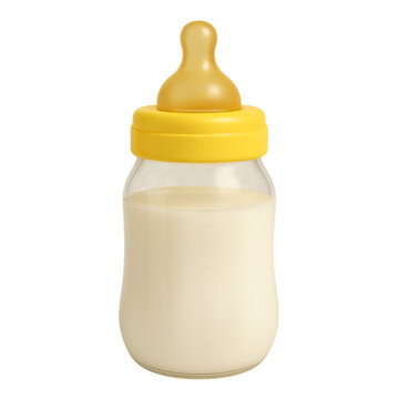A transparent baby bottle filled with milk and a yellow cap, isolated on a white background