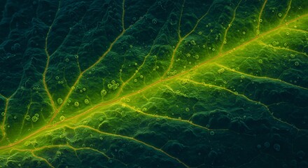 Naklejka premium Close-up of a Green Leaf with Detailed Veins and Water Droplets