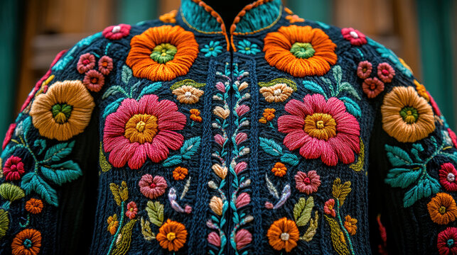 Vibrant floral embroidery on a dark jacket  Detailed, colorful floral designs are meticulously embroidered onto a dark navy jacket