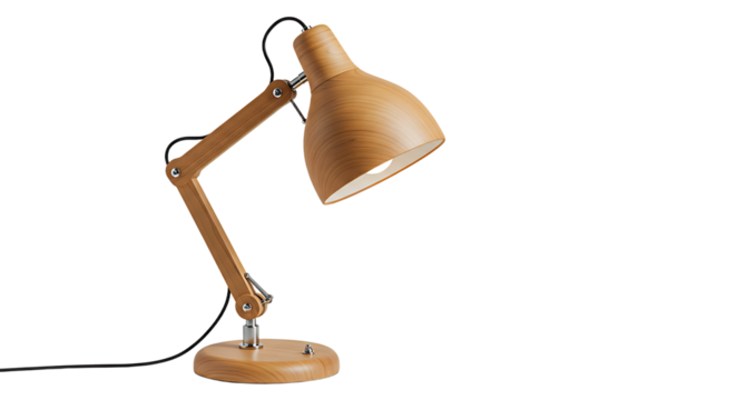 Stylish wooden articulated desk lamp illuminating a modern workspace with elegance