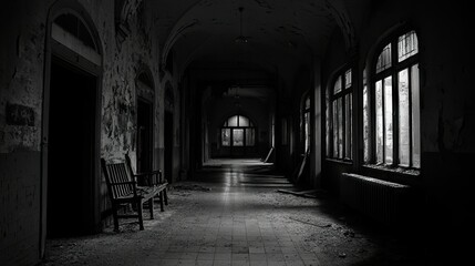 A dark and desolate corridor inside of an abandoned building