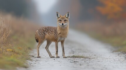 Spotted deer standing alert on a forest path captivating the ethereal light creating a tranquil and enchanting wildlife scene in autumn scenery