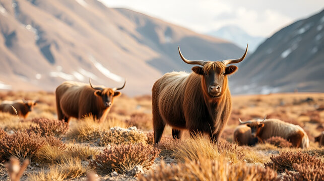 Portrait of yack and yacks grazing in central-asian alpine autumn winter landscape in the Tian Shan Mountains