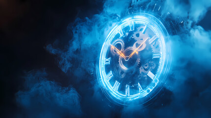 Illuminated clock surrounded by mist on a dark background. [Frozen Time] | Clock Mist | hazy gears. Illustration