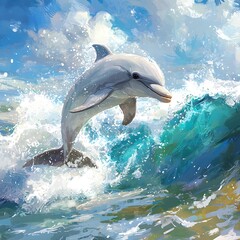 Obraz premium Playful Dolphin Leaping Out of Ocean Waves Under Bright Blue Sky with Splashing Water in a Dynamic Marine Scene