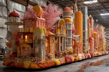 Fototapeta premium Elaborate Flower-Adorned Parade Float Featuring Whimsical Townscape with Buildings and Towers, Pink Trees, Indoor Setting