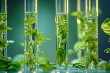 Green plants being cultivated in test tubes using advanced technology  