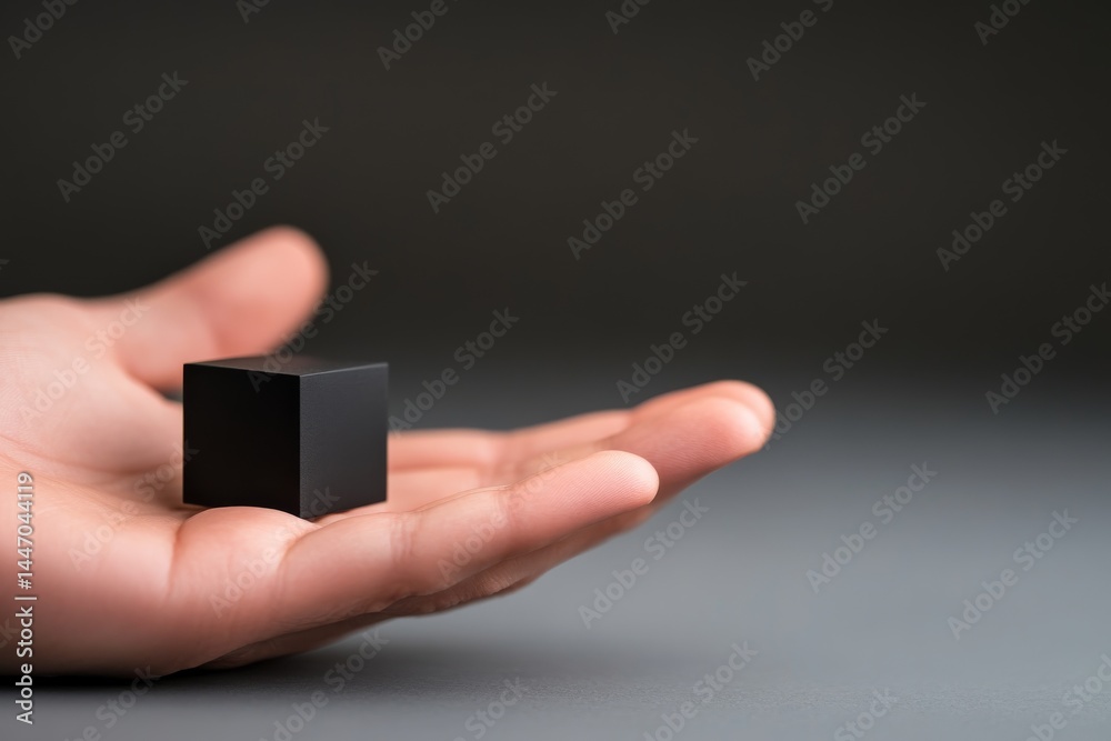 Poster A hand delicately grasps a small matte black cube, showcasing minimalist design and form against a neutral backdrop with subtle copy space