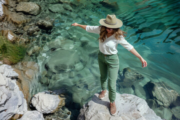 A photo of a woman in green pants and a white shirt, wearing a hat