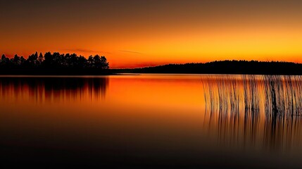Obraz premium A beautiful sunset reflecting on a calm lake surrounded by trees