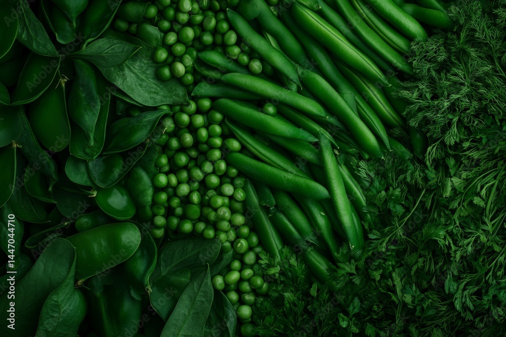 Poster close-up of fresh green vegetable pea pods and beans creating an inviting and colorful display in a 