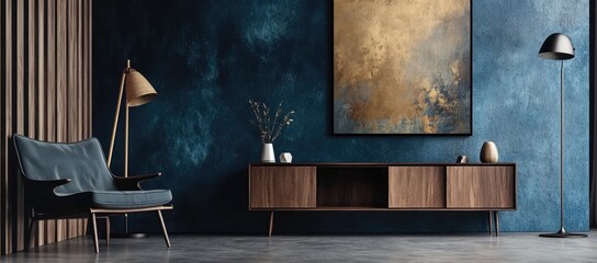 A modern living room with a blue wall, a wooden cabinet, and a blue armchair