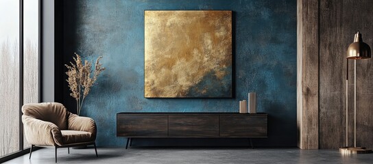 A modern living room with a teal wall, a gold abstract painting, a brown armchair, a wooden console table, and a gold floor lamp