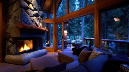 Fototapeta premium Cozy cabin living room interior with a warm fireplace and forest views