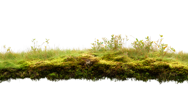 Norwegian turf roof edge with visible vegetation, isolated on Transparent background.