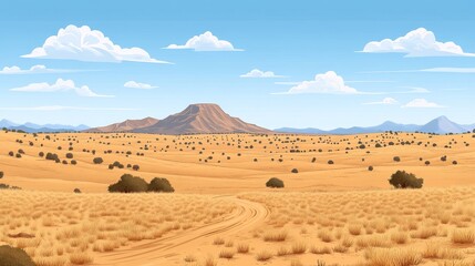 Vastpixelatedlandscapeofdesertenvironmentfeaturingaridterrainandlowshrubswithamountainbackdropunderablueskywithscatteredcloudscaptivatingvisualnarrative