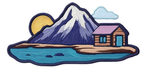 Hand Drawn Mountain Cabin Landscape Illustration With Sunset, Nature Scene Patchwork