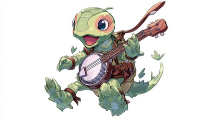 Charming Turtle Playing Musical Banjo