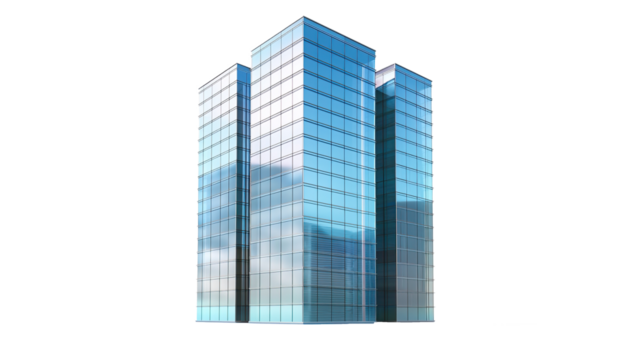 Modern blue glass skyscraper architecture defines the urban business cityscape, isolated on transparent background. PNG