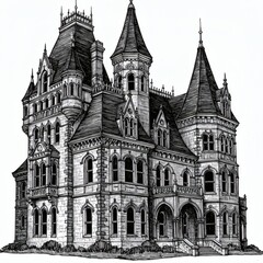 Castle sketch isolated on white background, Sketch engraving, vector illustration, Scratch board imitation, Black and white image.