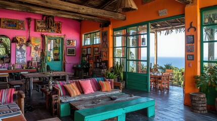 A brightly colored interior with ocean views and eclectic furnishings