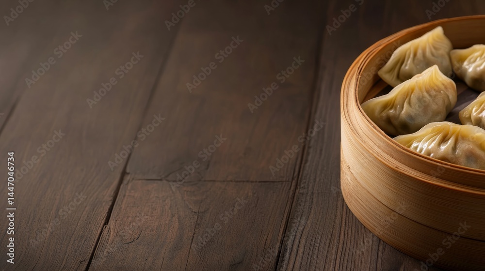 Poster close-up view of steamed dumplings arranged in a bamboo steamer, illuminated by soft natural light, 