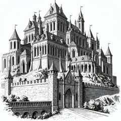 Castle sketch isolated on white background, Sketch engraving, vector illustration, Scratch board imitation, Black and white image.