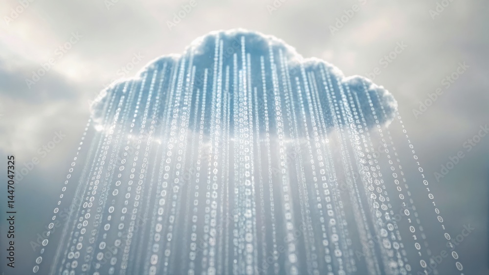 Poster abstract digital rain falling from a cloud with glowing lines and particles representing data stream