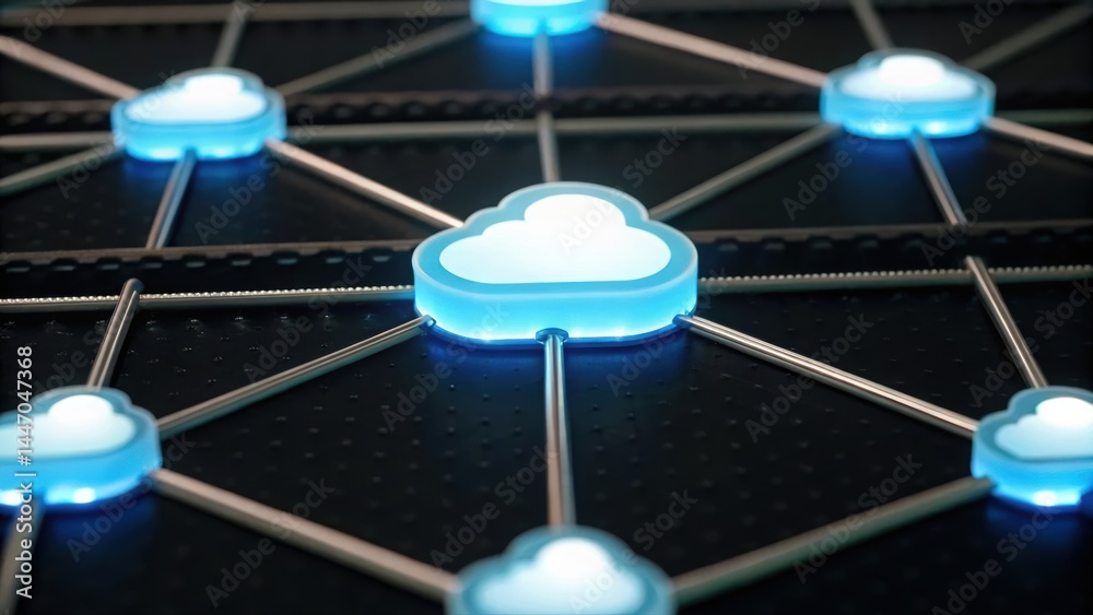 Poster modern cloud computing network technology concept with illuminated cloud icons interconnected on dar