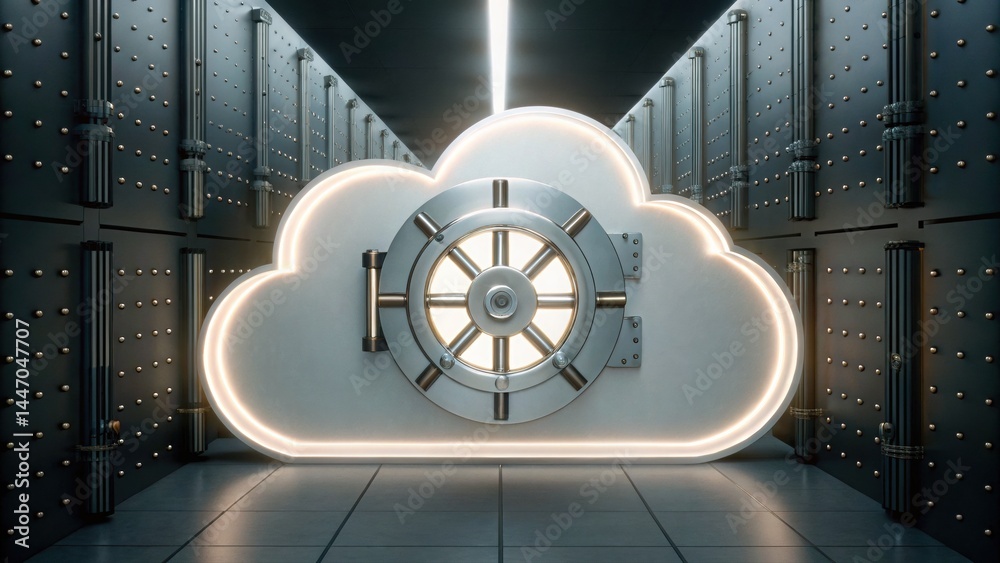 Poster modern secure data storage concept featu a illuminated cloud icon with a vault door in a high tech d