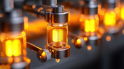 Fototapeta premium Glowing lightbulbs and metal components arranged in an industrial scene