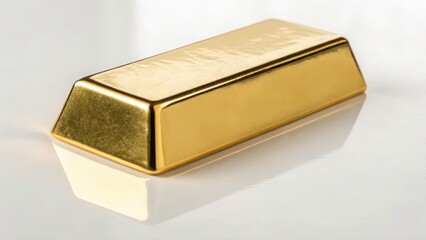 Close-up of a shiny gold bar with a smooth polished surface and reflective finish, resting on a neutral background with soft lighting and gentle shadows