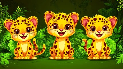 Cute jaguar cubs in jungle illustration creating a joyous vibrant illustration celebrating wildlife with a touch of whimsy and playful energy designed for children