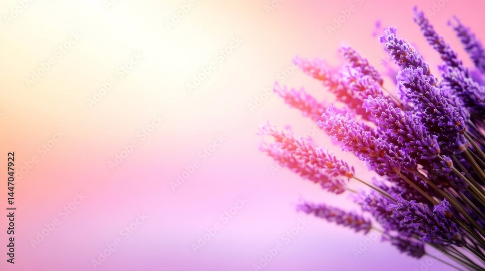 Poster close view of lavender flowers in a tight cluster, showcasing their delicate texture against a calmi