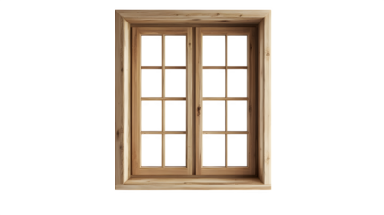 A realistic rendering of a Scandinavian minimalist window frame made of natural wood, isolated on Transparent background.