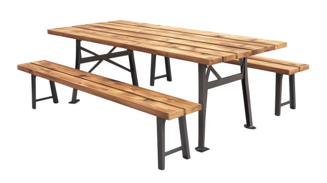 A realistic rendering of a German beer garden wooden table and bench set, isolated on Transparent background.