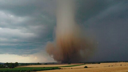 Obraz premium A large cloud of dust and debris is blowing across a field. The sky is cloudy and the sun is hidden behind the clouds