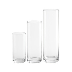 A clean arrangement of three clear glass cylindrical vases showcasing a natural progression in height.