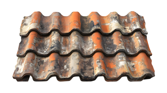 A realistic rendering of a sample of Dutch clay roof tile with a weathered look, isolated on Transparent background.