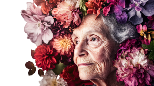 A smiling old woman with beautiful blooming flower hair, isolated on transparent background. PNG