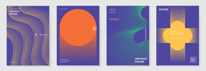 Plakat Abstract line wave gradient poster background vector set. Minimalist cover template with vibrant perspective line wave in motion. Ideal design for social media, cover, banner, flyer, music, ads.