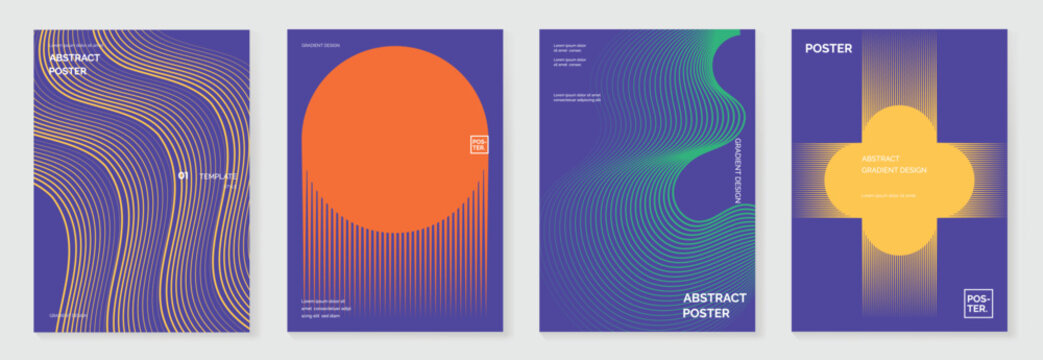 Abstract line wave gradient poster background vector set. Minimalist cover template with vibrant perspective line wave in motion. Ideal design for social media, cover, banner, flyer, music, ads.